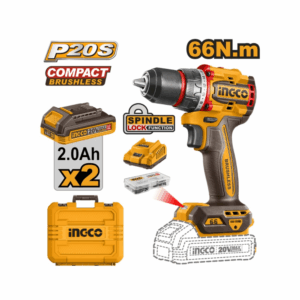 Taladro Atornillador Percutor Ingco 20V Brushless 66Nm + 2 Baterías 2.0Ah + 47 Accesorios