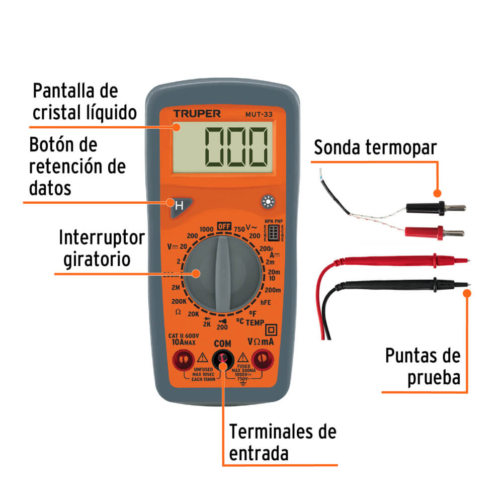 Multitester Digital Truper Profesional MUT-33 Volt.AC/DC Medición Temperatura CAT III 600V - Imagen 2