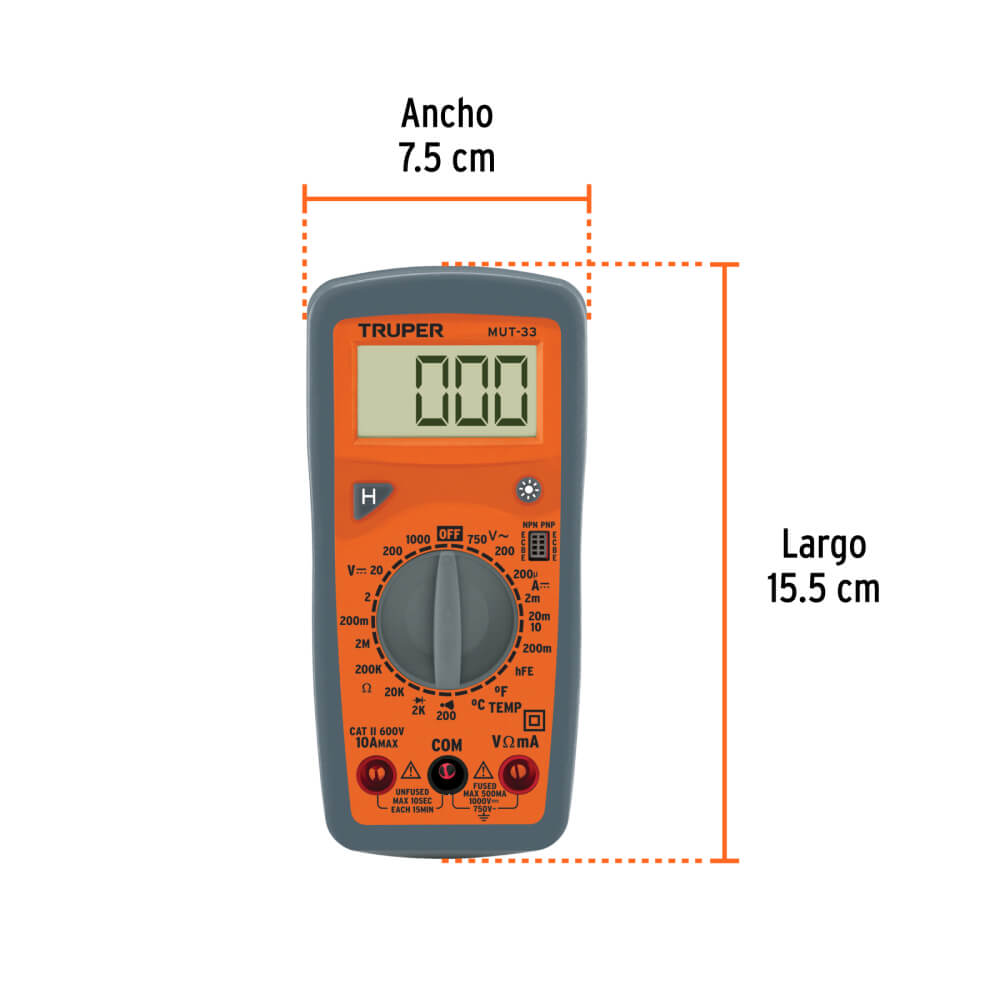 Multitester Digital Truper Profesional MUT-33 Volt.AC/DC Medición Temperatura CAT III 600V - Imagen 3